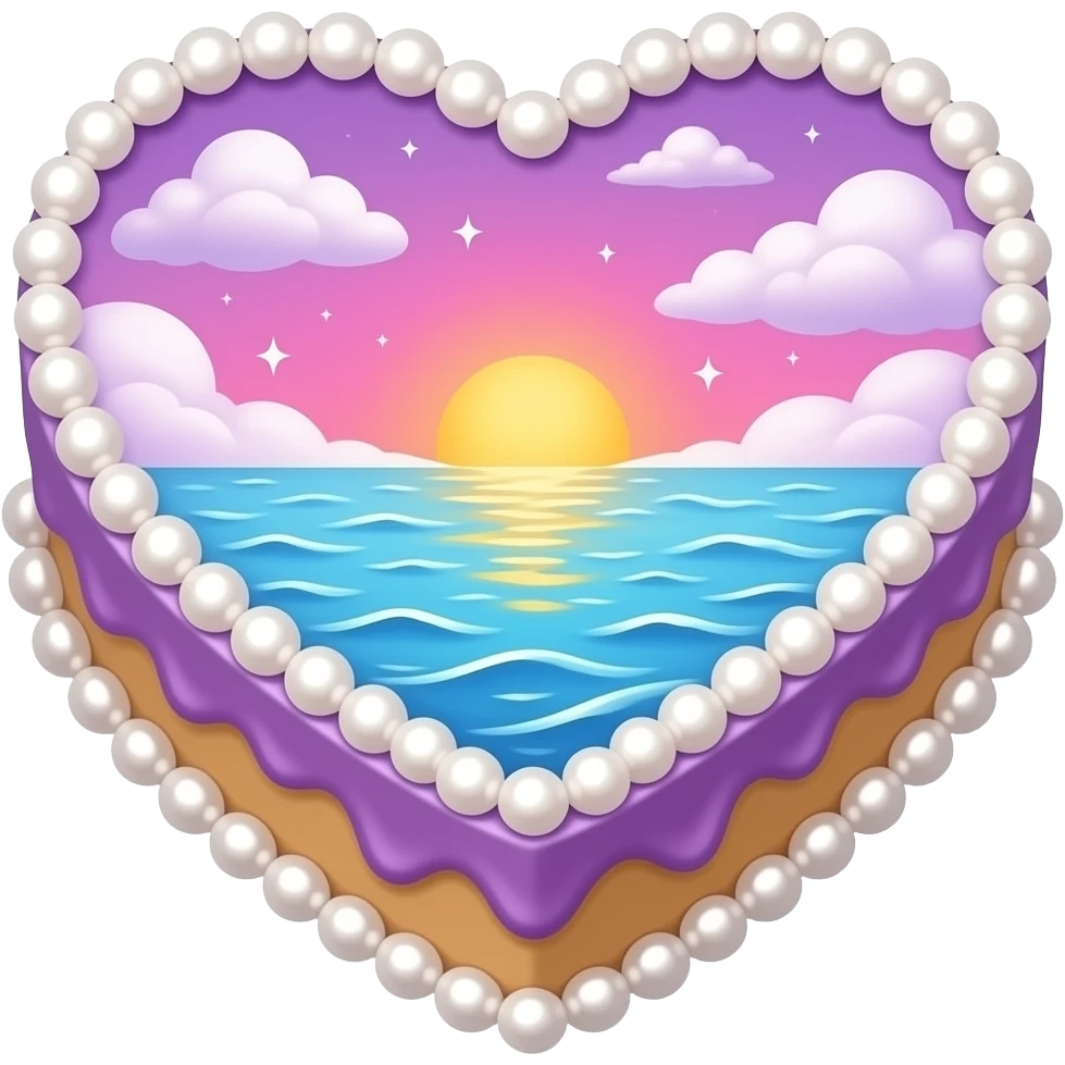 A starry beautiful heart cake with pearls and ocean water washing up as icing on the cake with clouds and a sunset and the majority of the cake is pink purple and blue with a hint of orange emoji