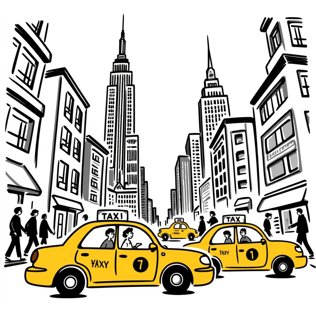 sketch of New York city, 1999, with cabs and tall buildings emoji