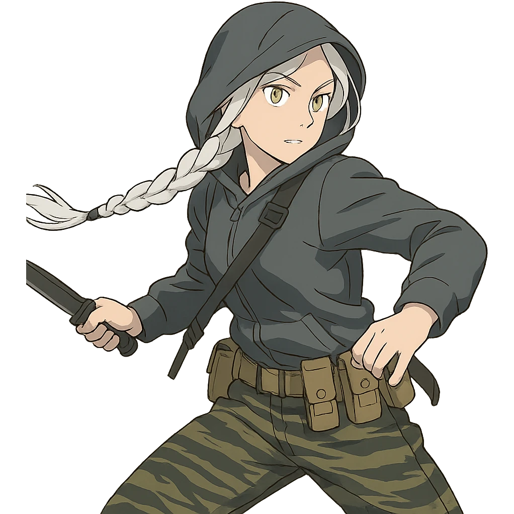 1 female, mid-20's  white hair long braid, gold yellow eyes, gray rainproof hoodie, hood up, single point sling, tan mag pouches on belt rig, tiger stripe camo pants, holding a combat blade, striking, swing emoji