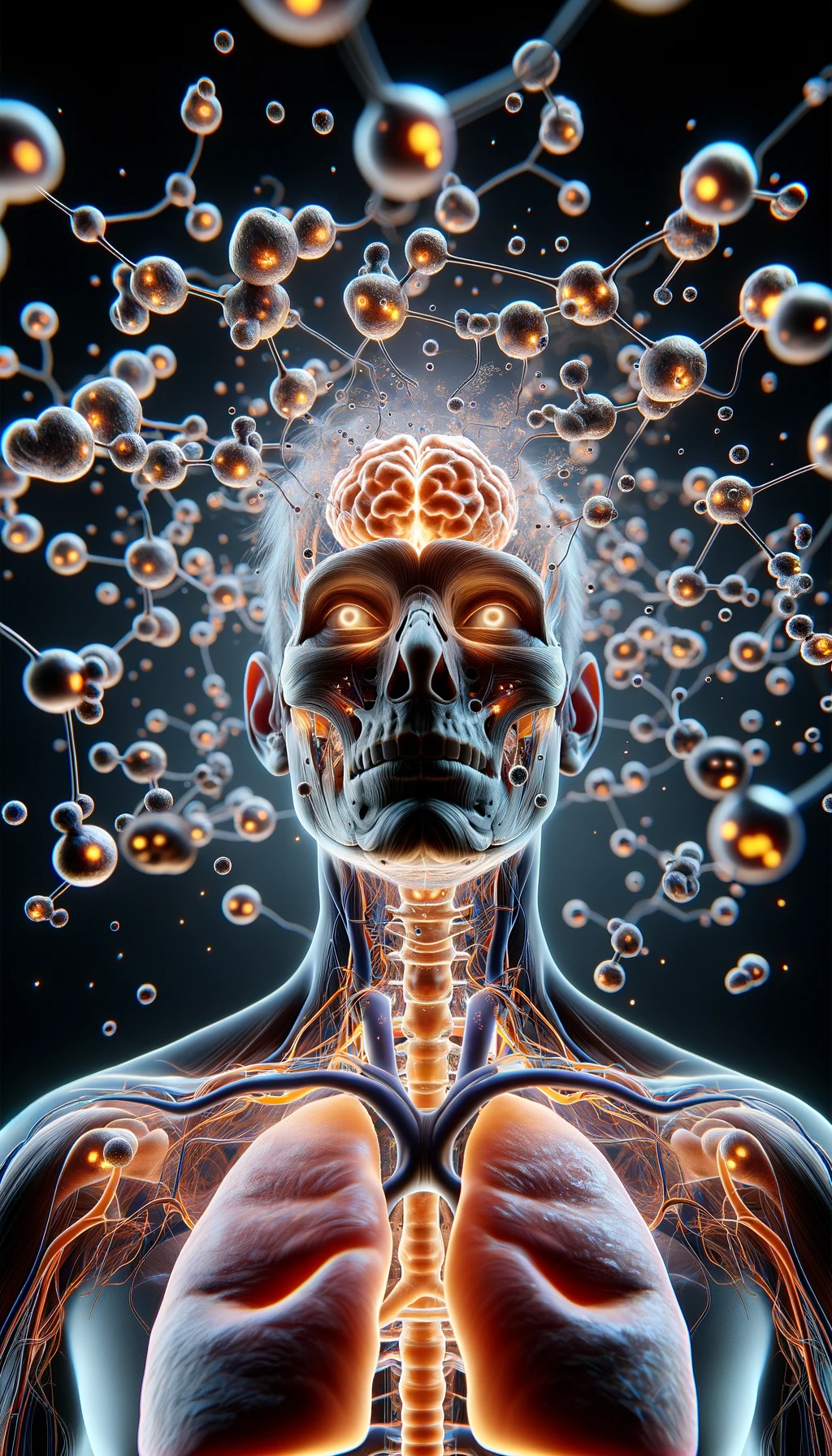 corpo umano anatomico circondato da molecole di dopamina che fluttuano in aria, iperrealistico 4k emoji