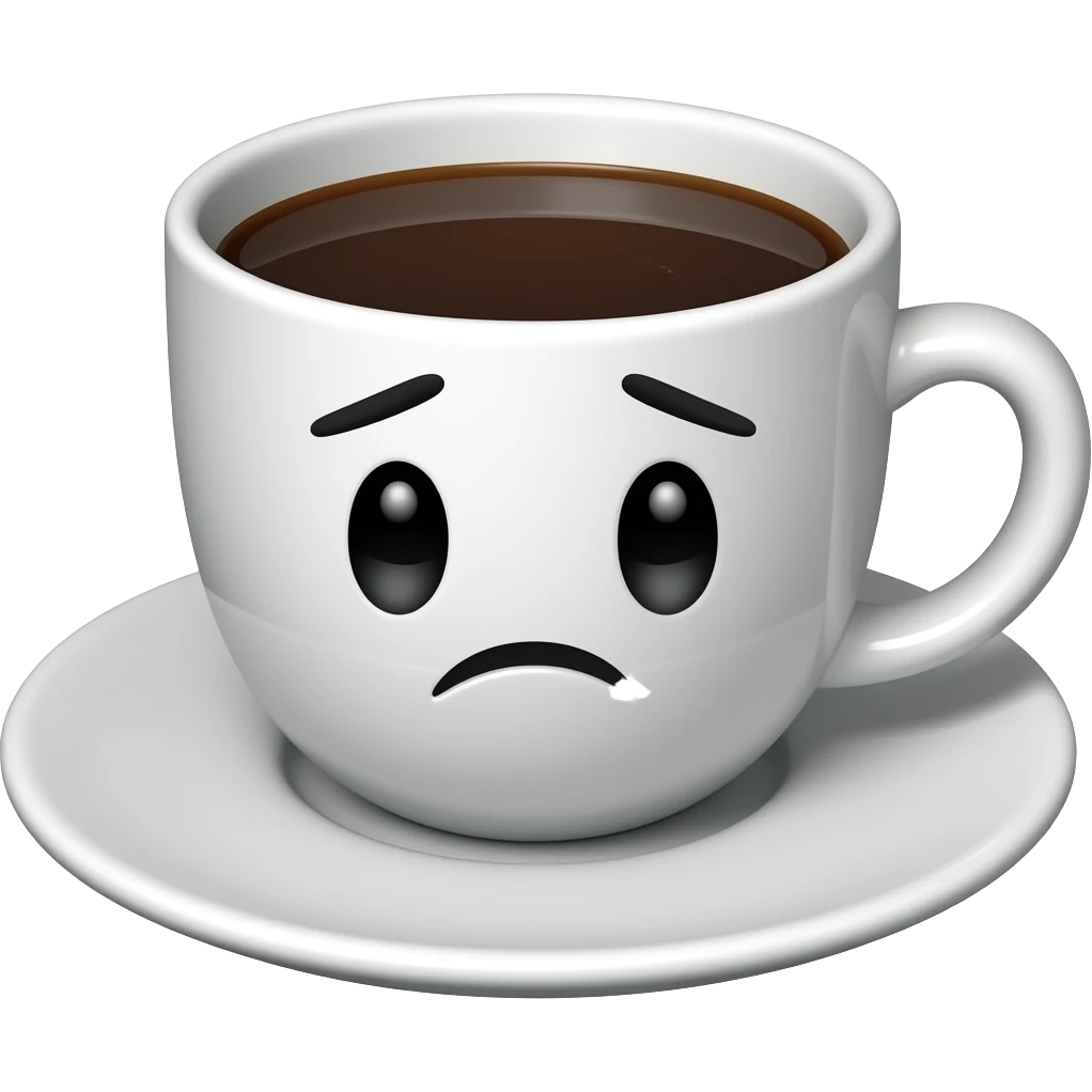 coffee cup animated whith eyes and mouth with very sad emoji