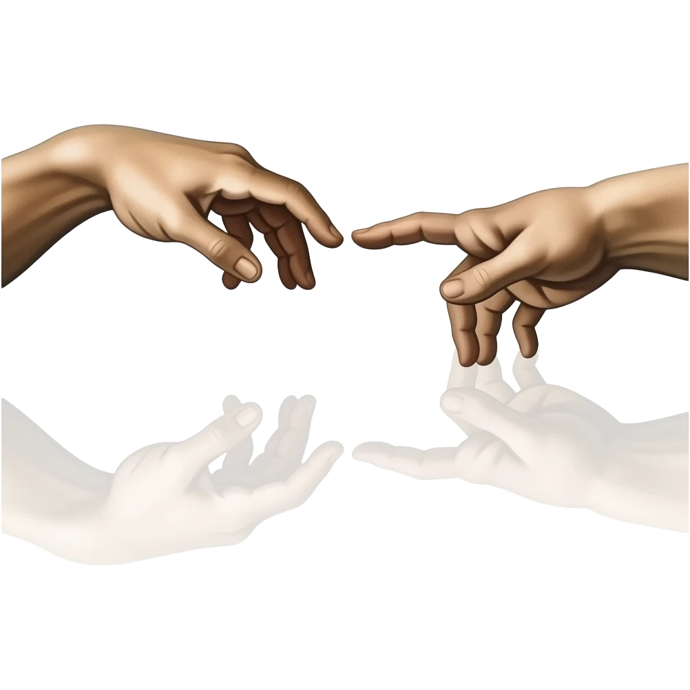 the touch of the fingers of two palms as in Michelangelo's painting in the Sistine Chapel, but mechanically constructed emoji