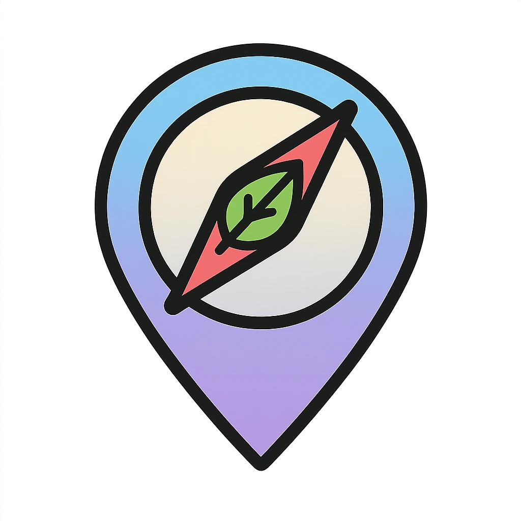 nutrition navigator icon named Nora, minimal or no human features, stylized map pin or compass shape, blending gradient of light blue, light purple, and light gray, leafy or healthy food element emoji