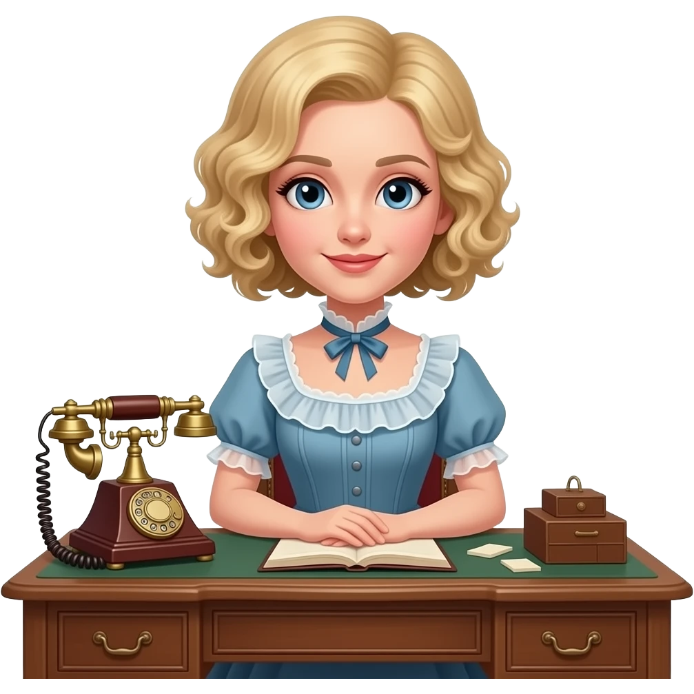 blonde tight curlysidewept bob sitting on an antique desk with antique phone 1800 dress emoji