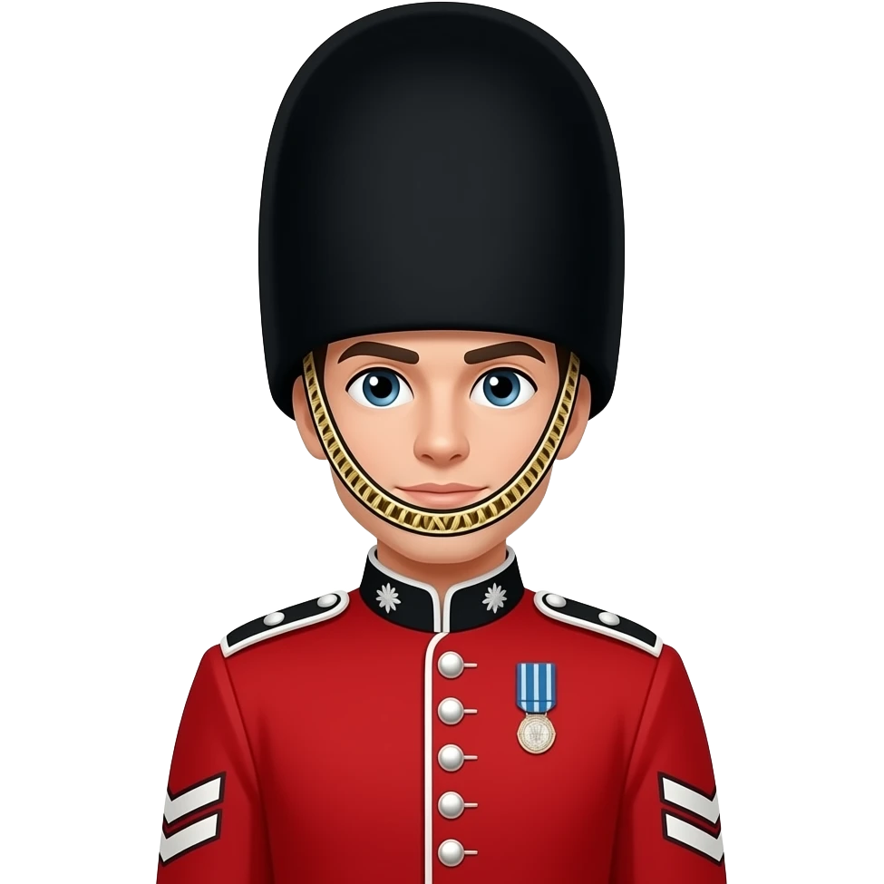 British royal guard in red uniform with iconic tall black hat, London palace style emoji