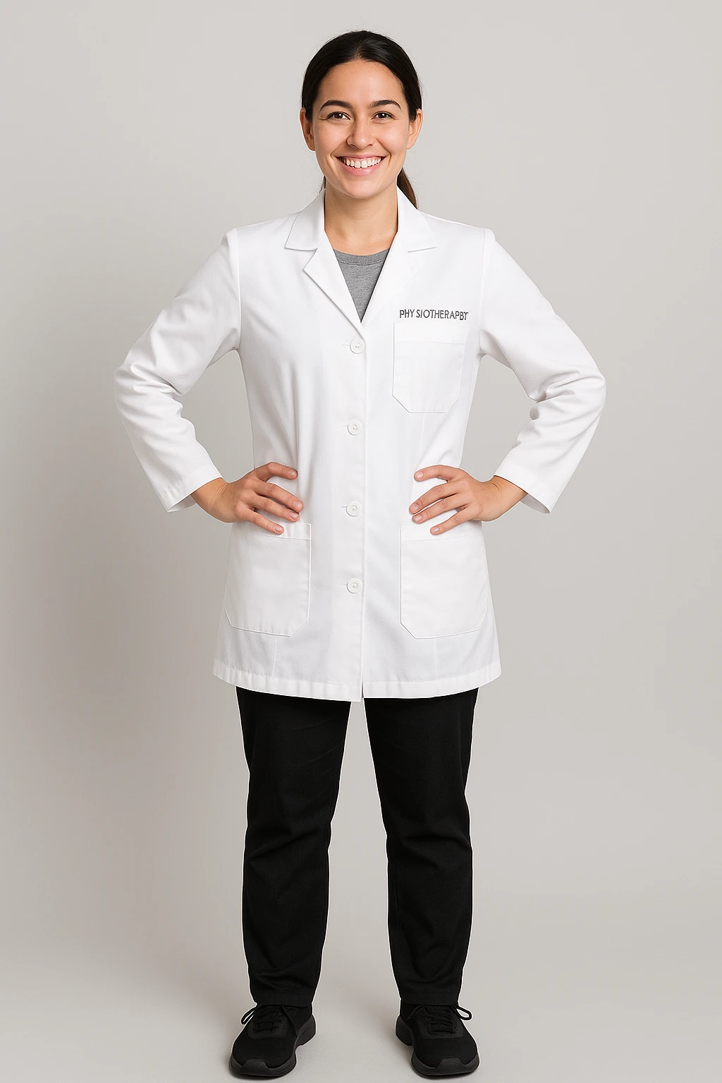 full body physiotherapist in white coat, smiling, hands on hips emoji