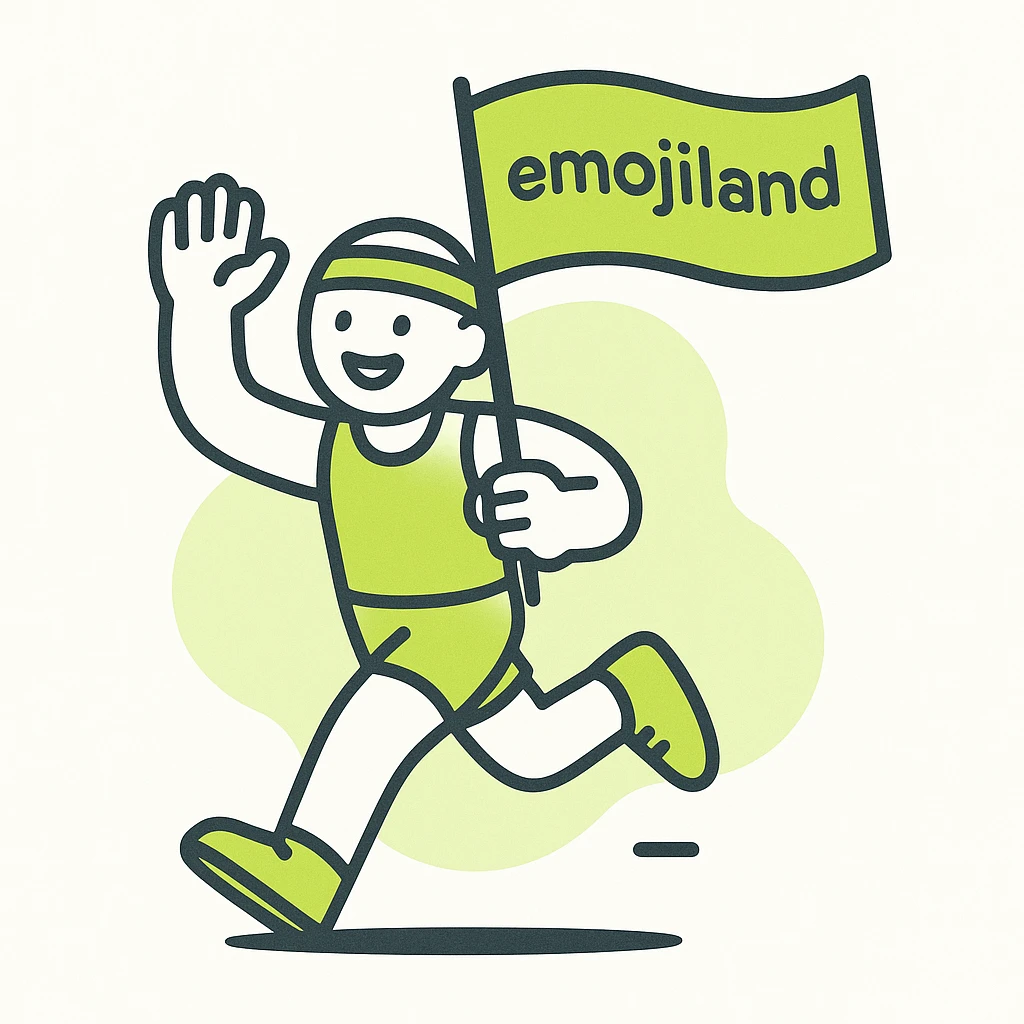 happy runner waving a flag that says 'emojiland' emoji