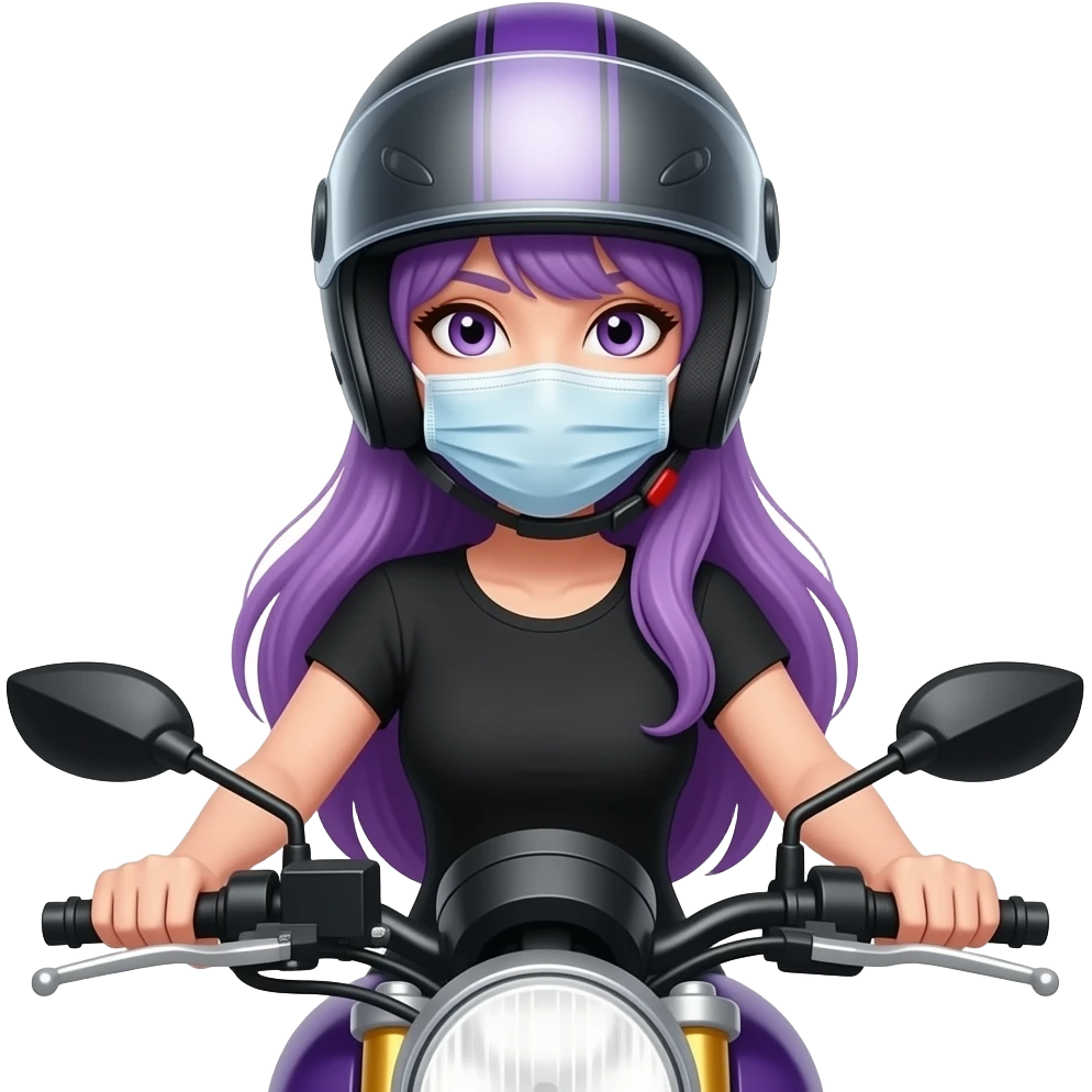sexy girl with long purple hair on a motorcycle and wears a helmet with a mask emoji