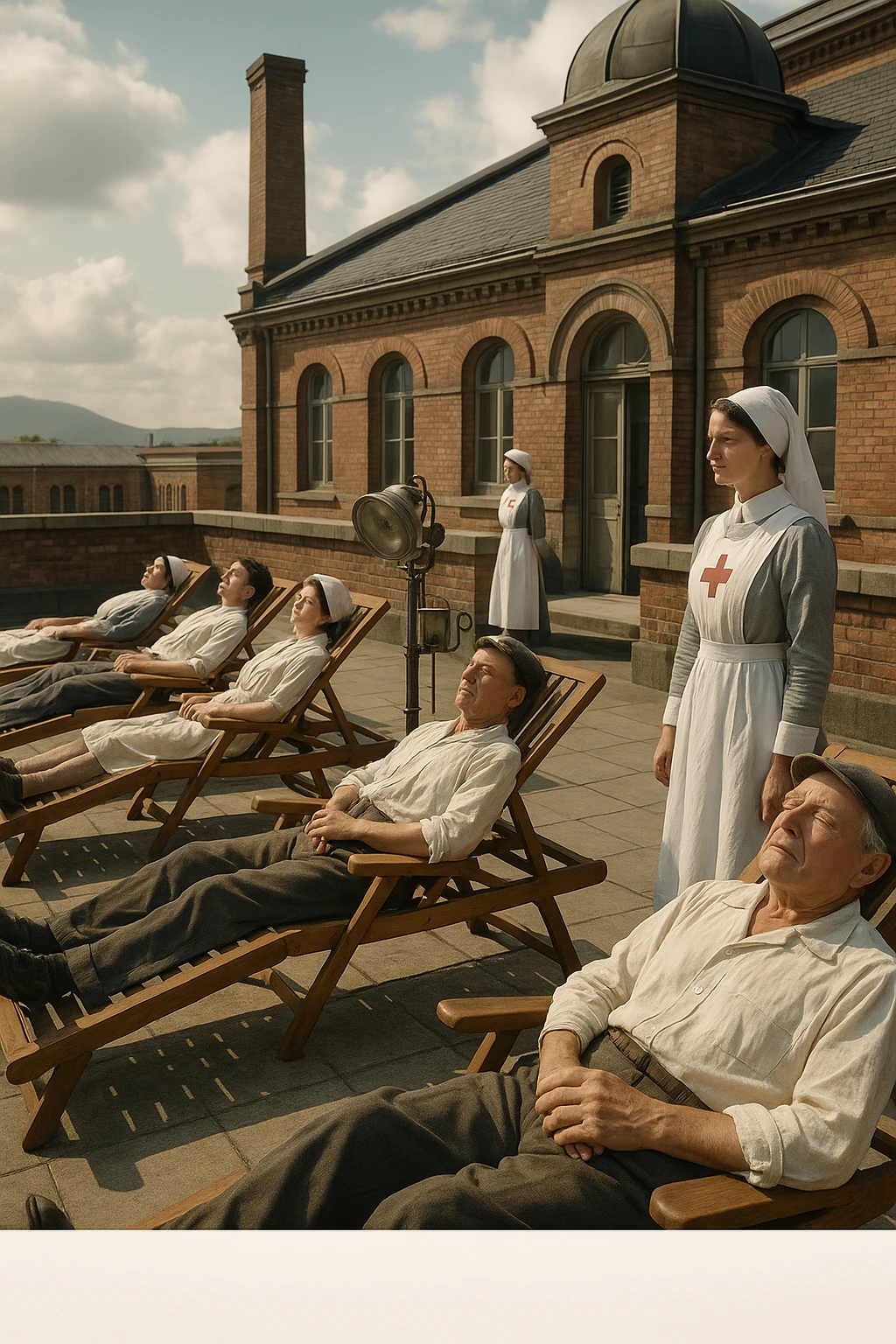 A realistic cinematic image of a hospital rooftop solarium from the 1900s, patients sunbathing under nurse supervision for heliotherapy against tuberculosis and rickets. emoji