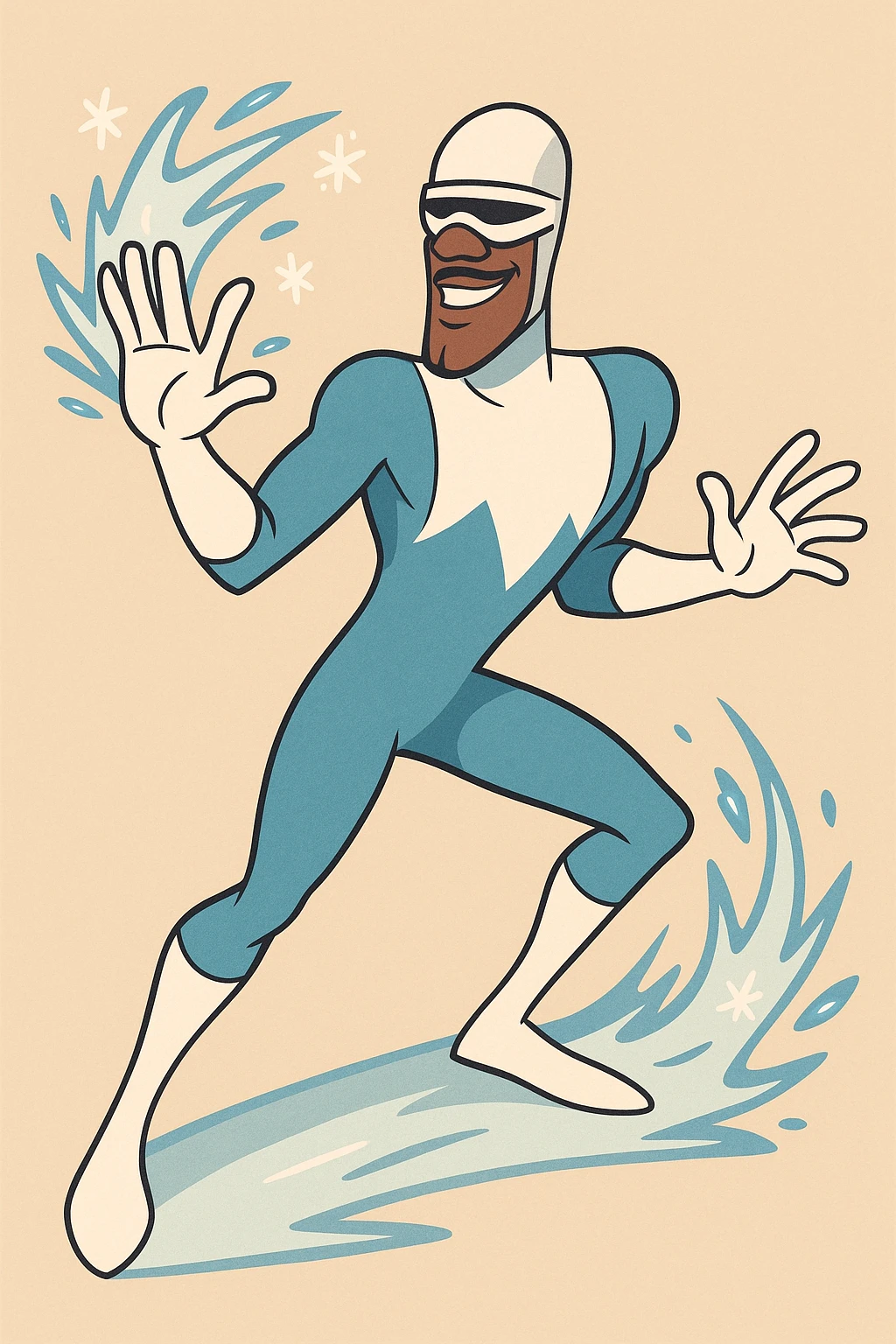 Frozone from The Incredibles, cool superhero pose, blue and white suit, ice powers, stylized illustration emoji