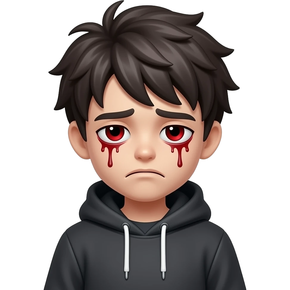 centered emoji zombie boy, messy dark hair, tired expression, blood under eyes, red eyes, hoodie, black background emoji