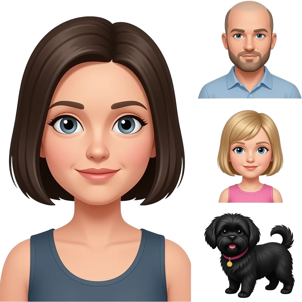 grey eyes woman with dark blond bob haircut and her boyfriend bald blue eye man with beard, her little shiatsu black dog and her 1 year daughter with man short blond hair emoji