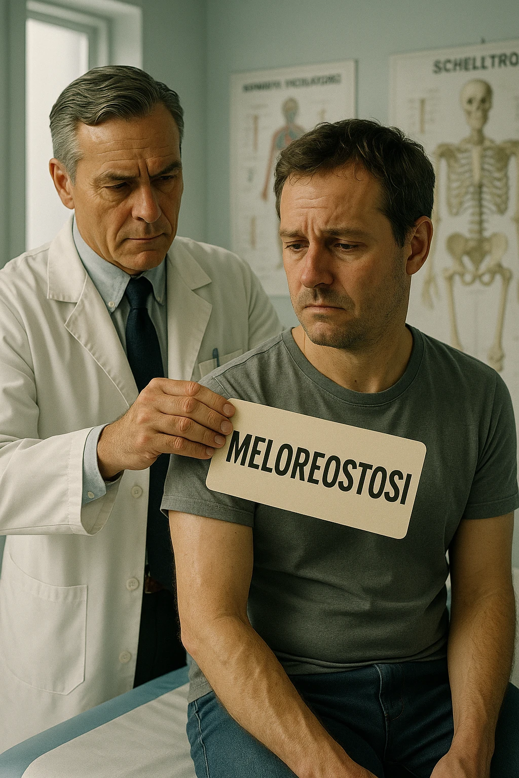 A realistic, cinematic illustration set in a bright, modern medical office. A middle-aged doctor in a white lab coat with a serious expression is shown gently placing a large paper label on the shoulder of a male patient sitting on the examination table. The label has the word 'Meloreostosi' written on it, symbolizing the act of labeling the patient with his rare bone condition. The patient looks confused and slightly disheartened, wearing a simple t-shirt with part of his arm exposed, showing subtle signs of bone thickening or deformation associated with melorheostosis. The background includes medical charts and a softly blurred skeleton model, emphasizing the medical setting. The lighting is bright but neutral, conveying a sterile, clinical atmosphere while focusing on the symbolic moment of receiving a diagnosis label. The mood is introspective and slightly heavy, illustrating the emotional weight of being defined by a rare chronic condition in italiano emoji