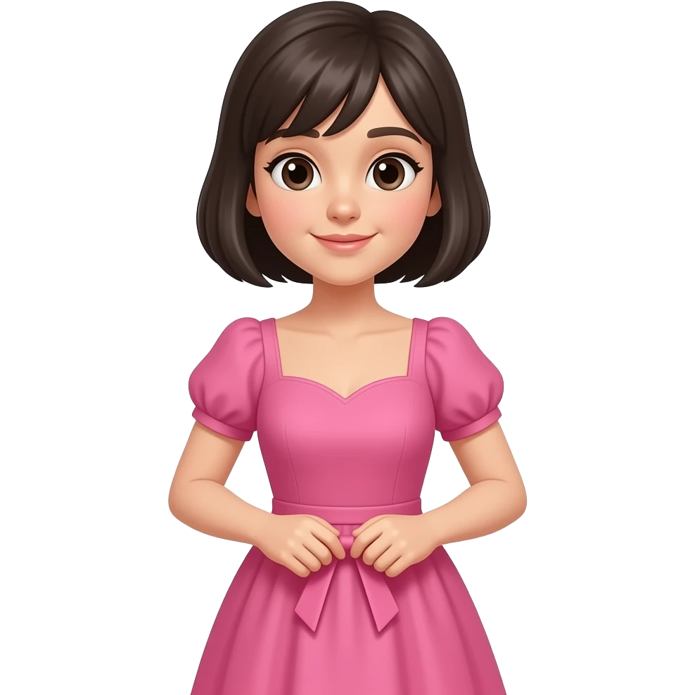 chica de cabello oscuro y corto, sin accesorios, colocandose con un vestido rosa, en su cuarto emoji
