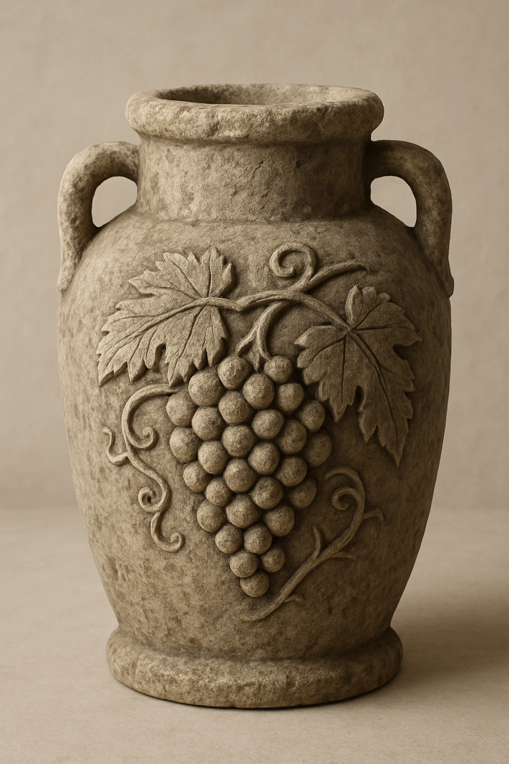 a stone wine jar, ancient style, with grape motif, soft shadows emoji