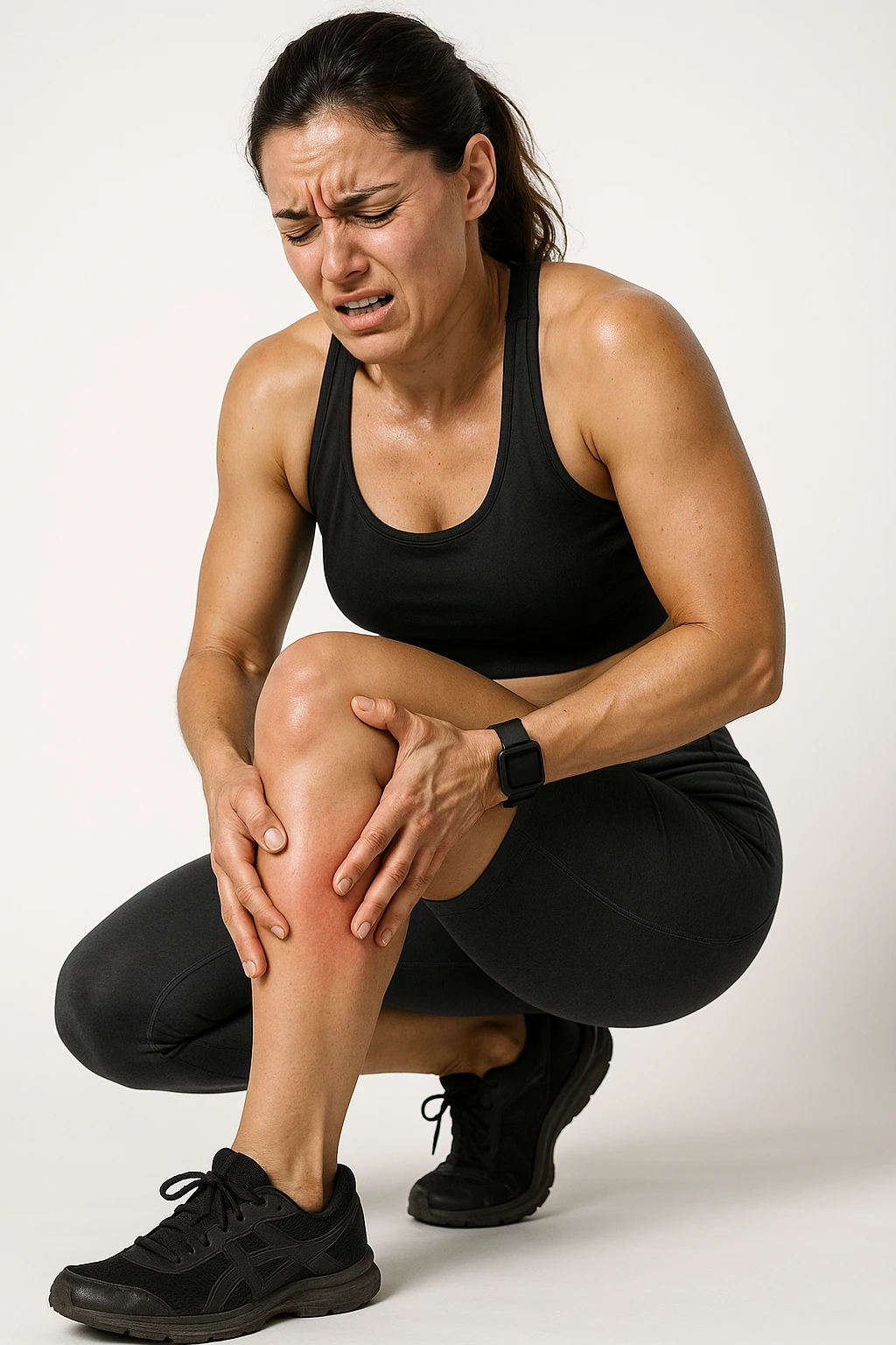 donna fitness che si tocca la gamba dolorante con espressione di dolore in volto, sente le gambe pesanti, iperrealistica 4k, sfondo bianco emoji