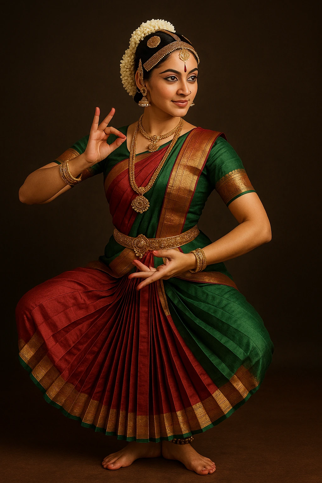 Bharatanatyam dancer, graceful mudra, elaborate hair and makeup, gold ornaments, traditional anklets, poised stance emoji