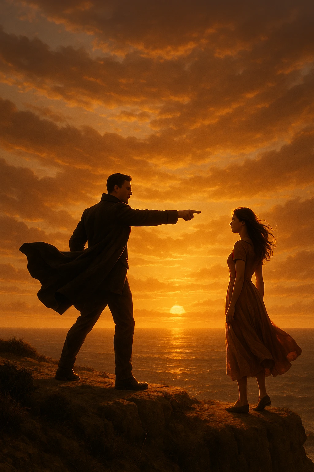 A cinematic scene of a man as a commander guiding a woman toward a bright future, standing on a cliff edge overlooking a vast ocean at sunset, with the man pointing forward while the woman looks at him, ready to follow his lead. The man wears a dark coat blowing in the wind, creating a heroic silhouette, while the woman wears a flowing dress, her hair catching the light. Warm, dramatic lighting with golden tones, emphasizing hope and leadership. Wide-angle shot capturing the epic scenery and emotional connection.
 emoji