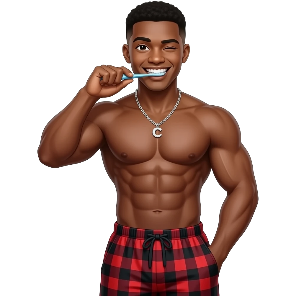 make a black skinned 20 year old with a low taper fade wearing plaid black and red pajama pants with 10 pack of abs big muscles with a diamond chain with a C  and he is brushing his teeth smiling and winking looking hot emoji