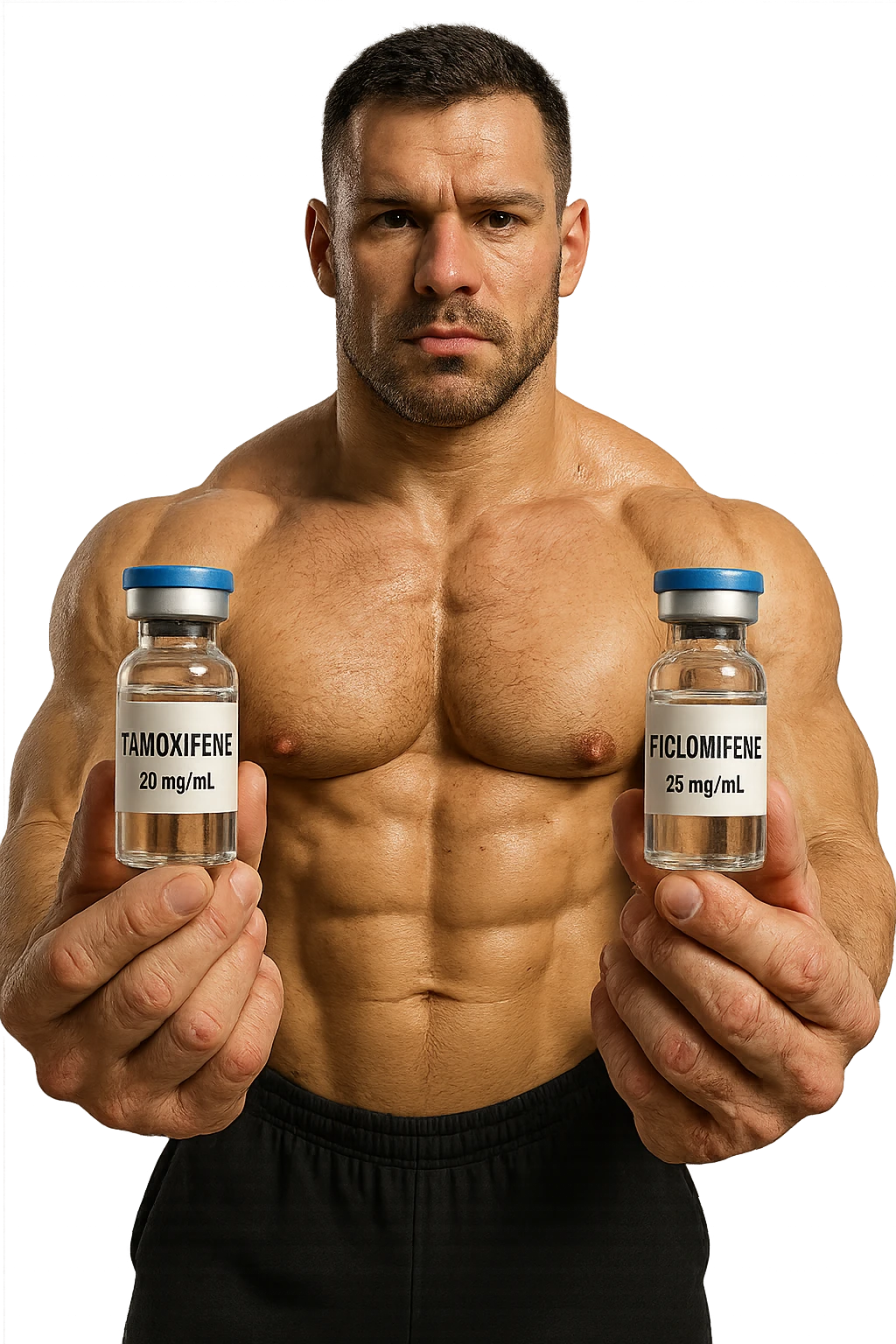 bodybuilder tiene una fiala medica con la scritta "TAMOXIF€NE" NELLA MANO DESTRA E UNA FIALA CON LA SCRITTA €NCL*MIFENE" NELLA MANO SINISTRA emoji