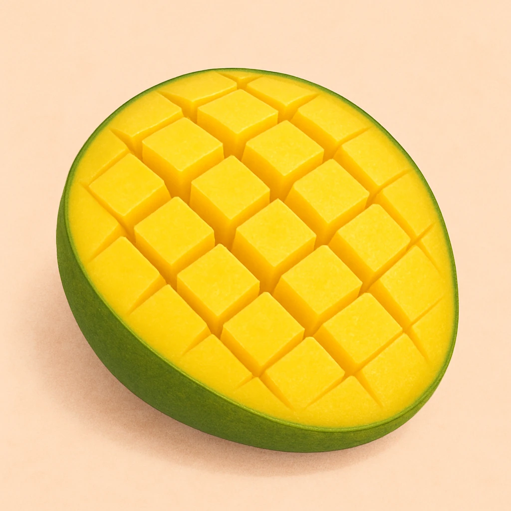 cross-section of a mango with grid-patterned cuts on the yellow flesh, green and yellow skin, simple background emoji