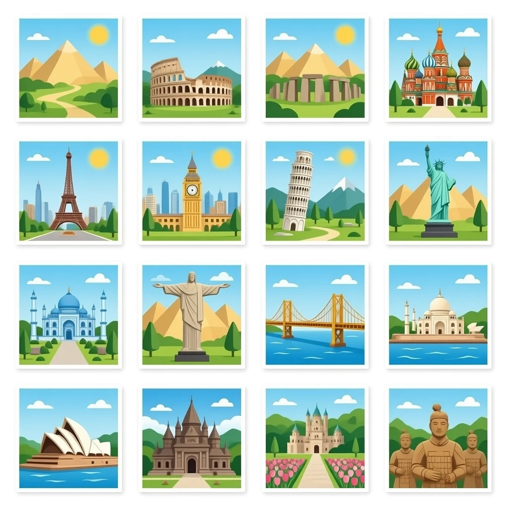 Pyramids, Great Wall, colosseum, Stonehenge, st. Basil’s cathedral, Taj Mahal, leaning tower of Pisa, Big Ben, Eiffel Tower, Statue of Liberty, Machu Picchu, cristo redentor, blue mosque, Golden Gate Bridge, Sydney opera house, keukenhof park, Angkor wat, neuschwanstein castle, and terracotta emoji