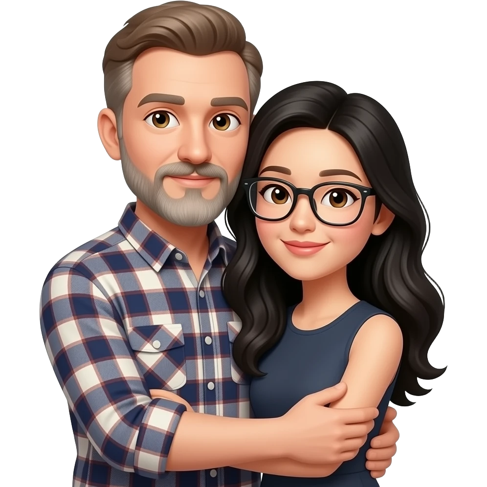 A slim white man with thinning light brown hair, hazel eyes, moustache and long graying beard, wearing a plaid flannel long sleeve shirt, embracing a chinese woman with long black wavy hair, brown eyes  and glasses emoji