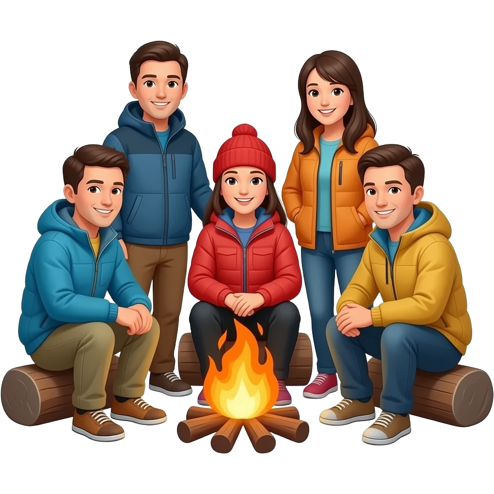 people around a campfire wearing outdoor clothing emoji
