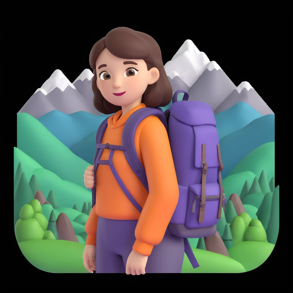 portrait of girl back packing mountains in background, close up pose emoji