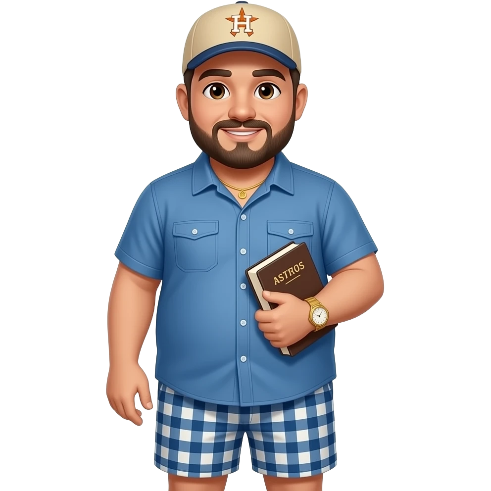 Chubby man with light honey skin tone with lightly shaved black beard and brown eyeswearing a blue button up short sleeve shirt with matching shorts with square pattern design wearing a beige Huston Astros logo baseball cap wearing a gold watch wearing a gold tennis necklace holding a Bible emoji