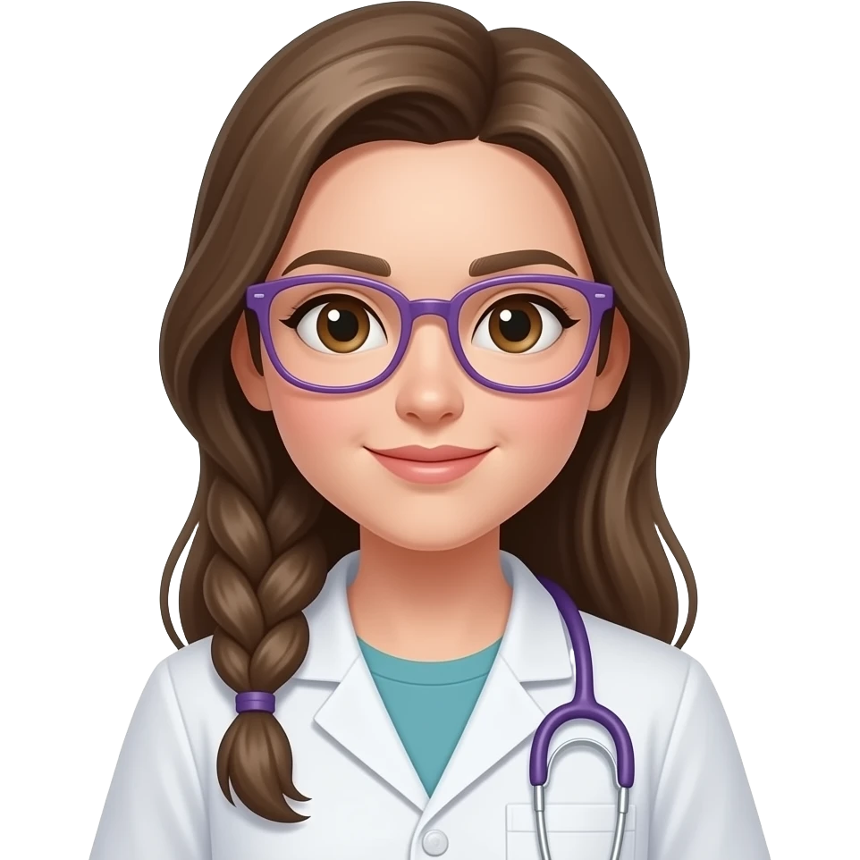 young vetenary woman, long dark blond hair bread on the side, light thin purple eyeglasses brown eyes emoji