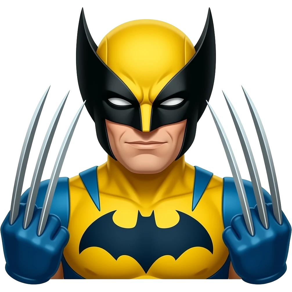 Yellow batman with wolverine claws and blue logo on chest and with yellow mask emoji