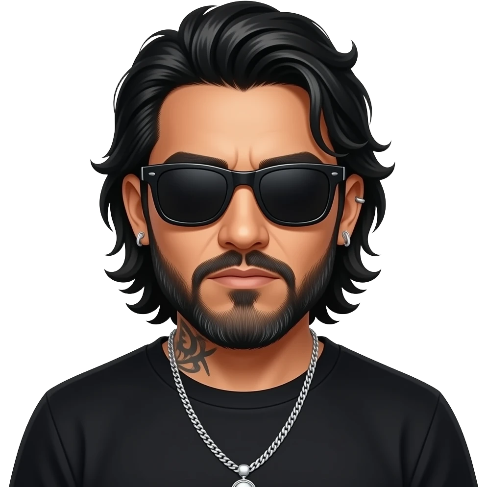 handsome, manly Latino podcast host with black colored eyes wearing black with silver jewelry, with medium length hair, a very long, lightly graying beard and tattoos, his ear pierced and right nostril as well, dark sunglasses slightly lowered, gives a death glare emoji