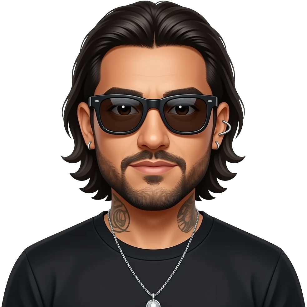 The handsome manly Latino podcast host with medium length hair, a long slightly graying beard and tattoos with his ears pierced 1 time each ear and a nose ring on the right side, dark brown eyes, wearing black, dark sunglasses, and jewelry, posing for a photo shoot emoji