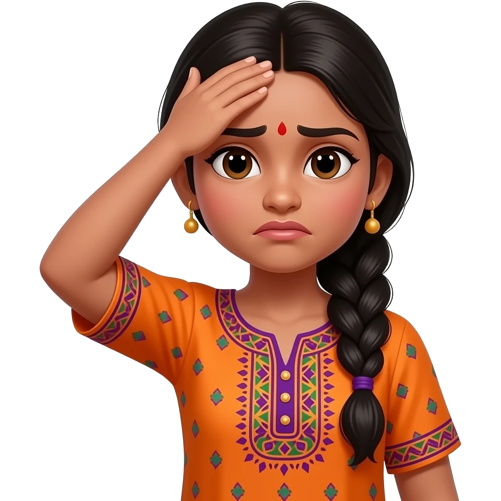 brown skin, long black hair in a singular braid, orange kurti with purple and green patterns girl who slapping her forehead and frowning and crashing out emoji