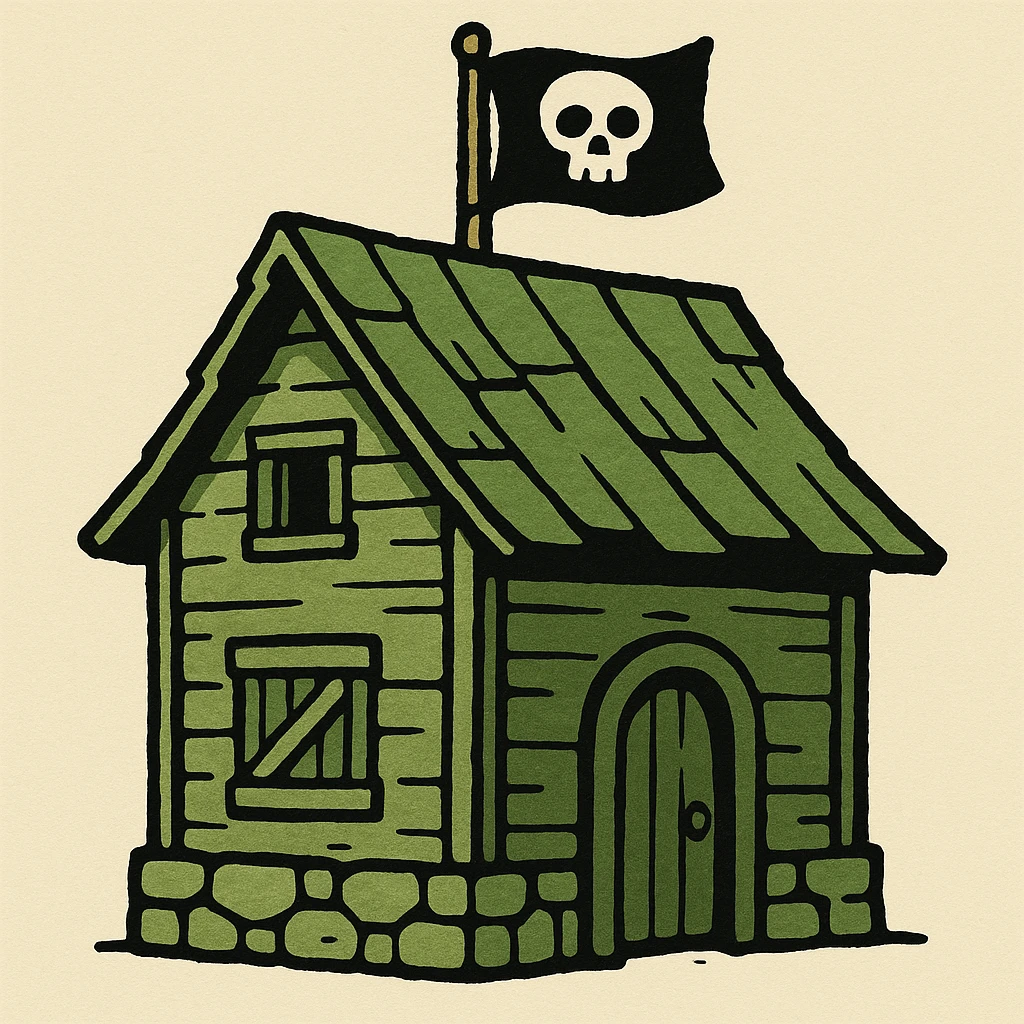 old pirate's house with skull flag emoji
