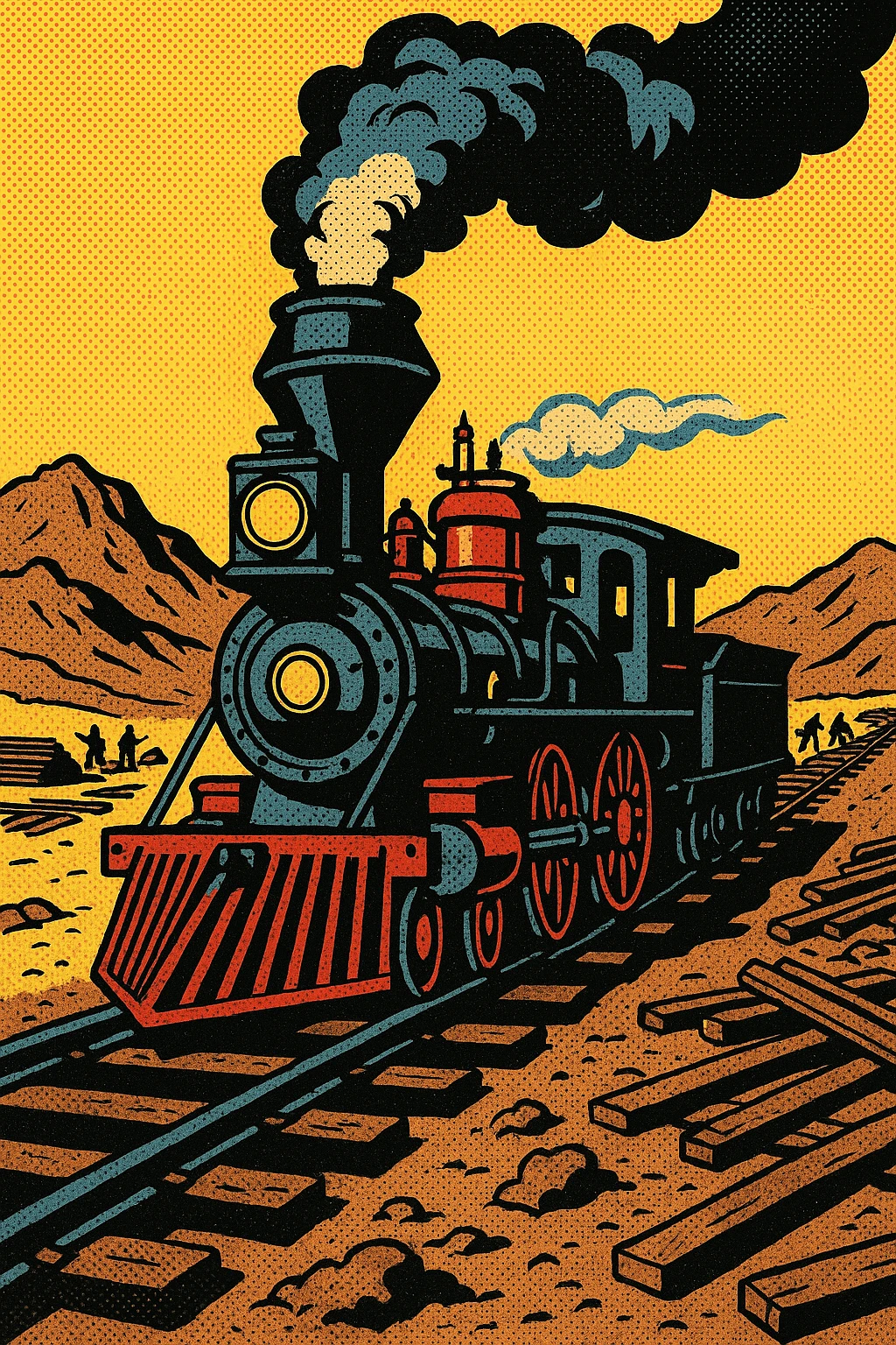 A steam train engine on the Transcontinental Railroad in the American West in the 1860s with the railroad tracks being built in the background emoji