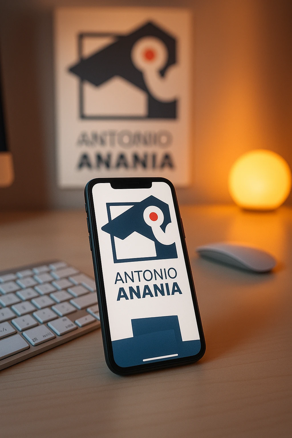 A photo of an iPhone on the desk with the logo of "Antonio Anania" on its screen, The phone sits atop a desk with a blurred with the logo in the background that suggests work environment. A faint glow from above casts gentle shadows across the surface of each object, creating depth and highlighting their textures emoji