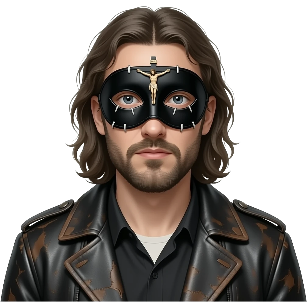 Portrait by Joel-Peter Witkin, 3/4 portrait, wearing a small black Venetian Masquerade mask with a crucified Christ over his eyes: the miniature body of Jesus is sewn onto the black track between the eyes of the portraited person, wearing a worn leather coat, unshaven and very disheveled long hair emoji