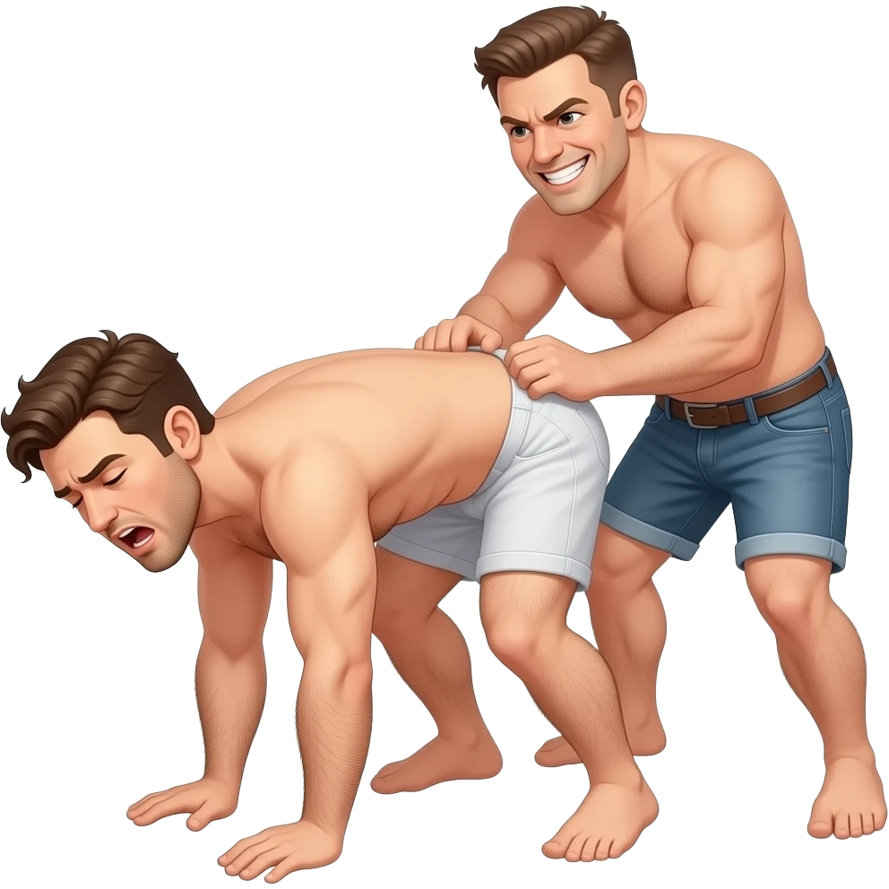 Naked hairy moaning man bending over, a stronger naked hairy angry smiling man standing behind him hitting and fucking him emoji