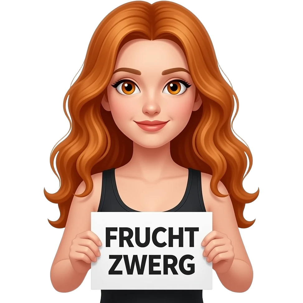 sexy girl with long wavy ginger hair and ginger eyes wearing a black tanktop is holding a white colored sign with FRUCHT ZWERG written on it emoji