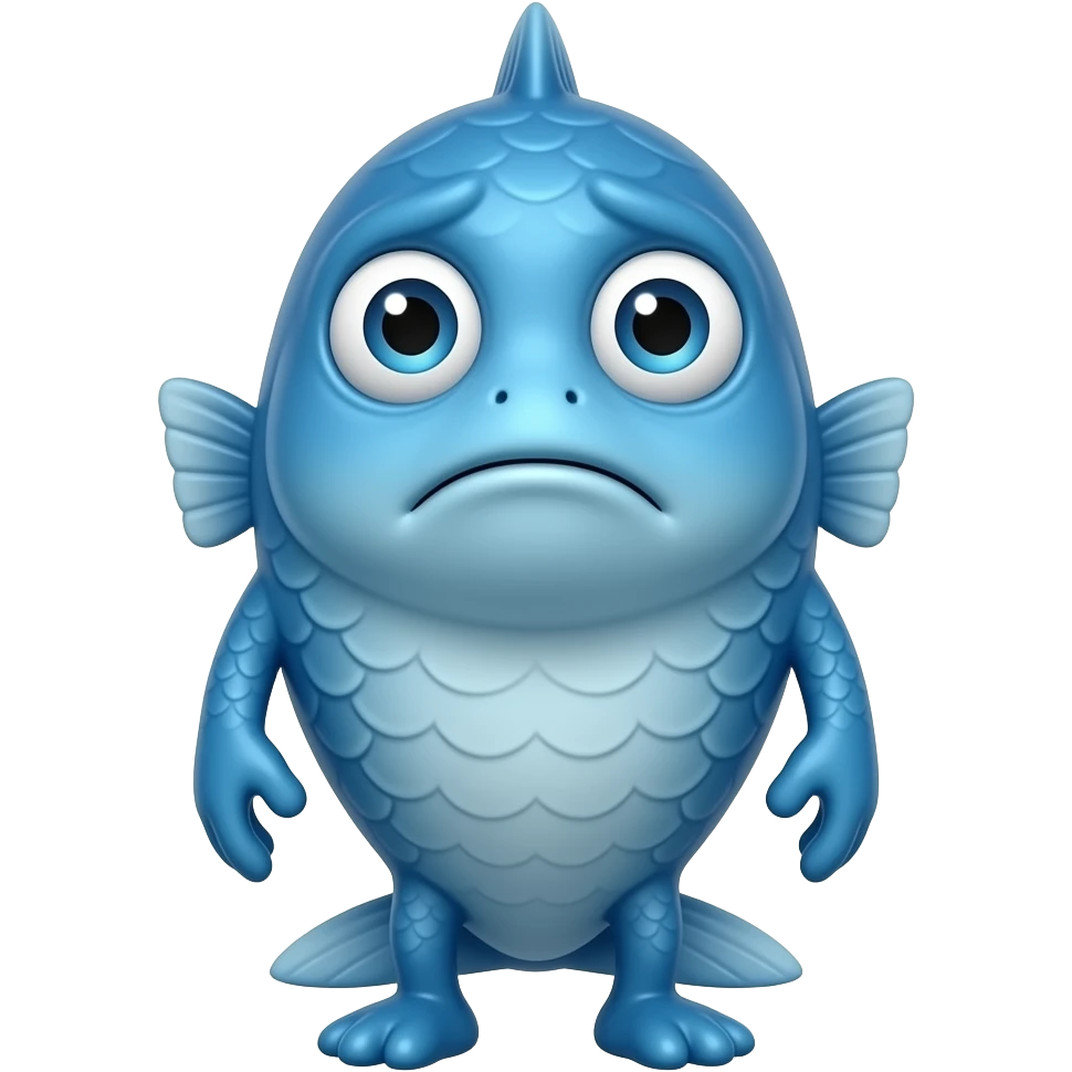 A little blue fish standing up with legs and arms, looking at us with a very sad face emoji