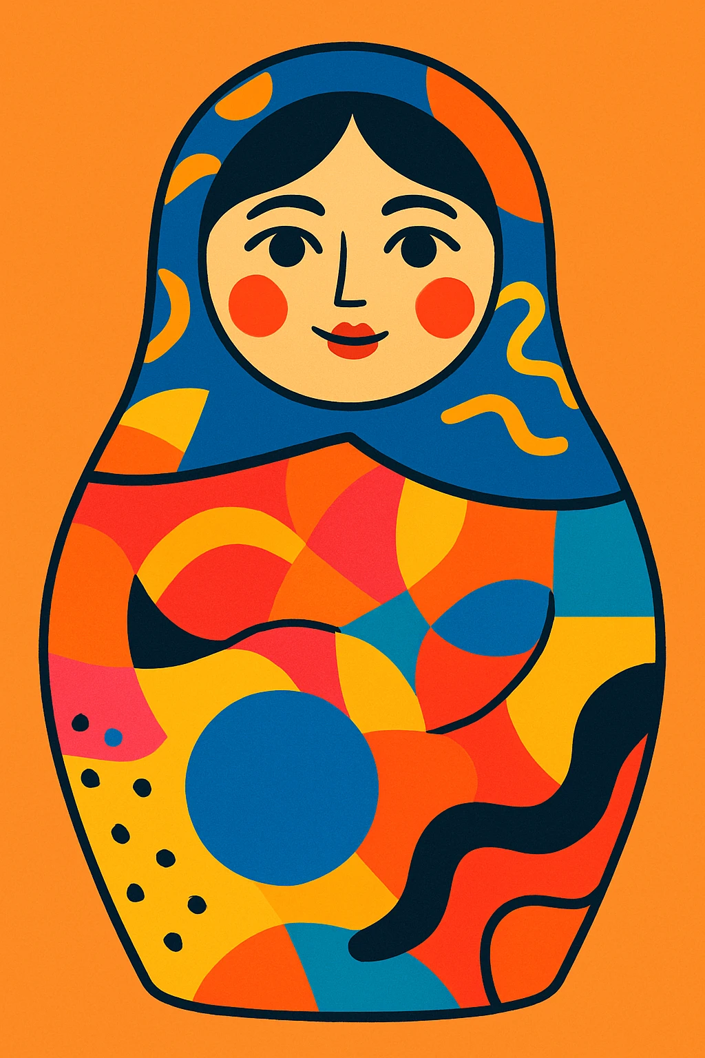 Matryoshka doll, modern artistic design, abstract patterns, bold and bright colors, unique and creative, fourth doll in a set emoji