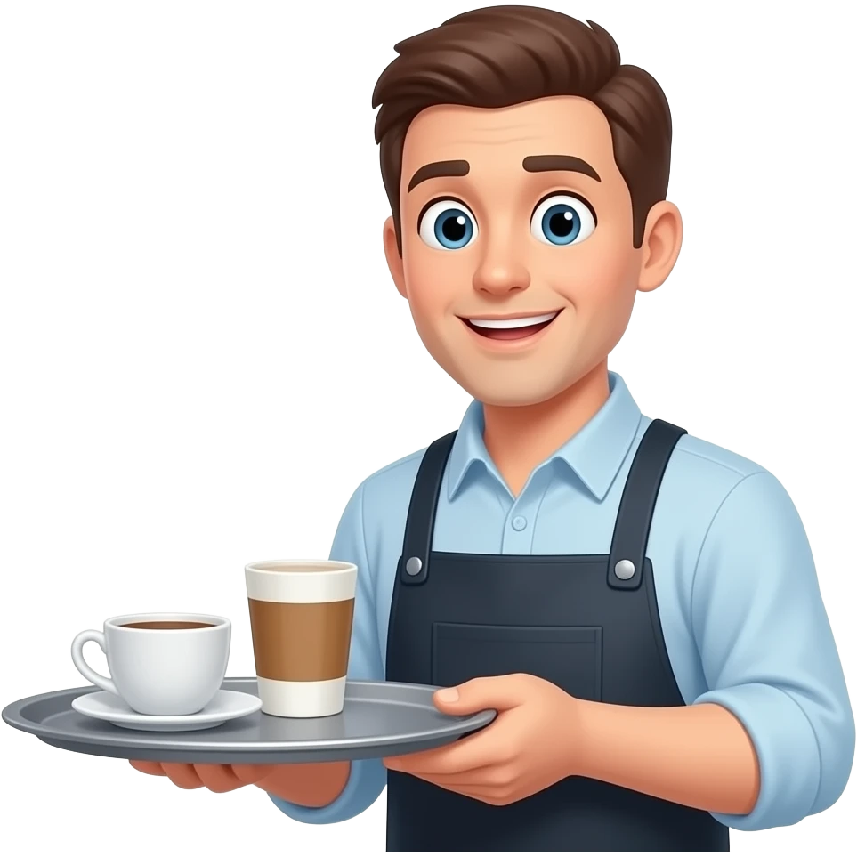 Apple iOS emoji style, cafe worker, beginner, holding tray awkwardly, slightly clumsy posture, bright enthusiastic expression, wide eyes, small mistakes, low skill level, high motivation, clean white background, simple composition emoji