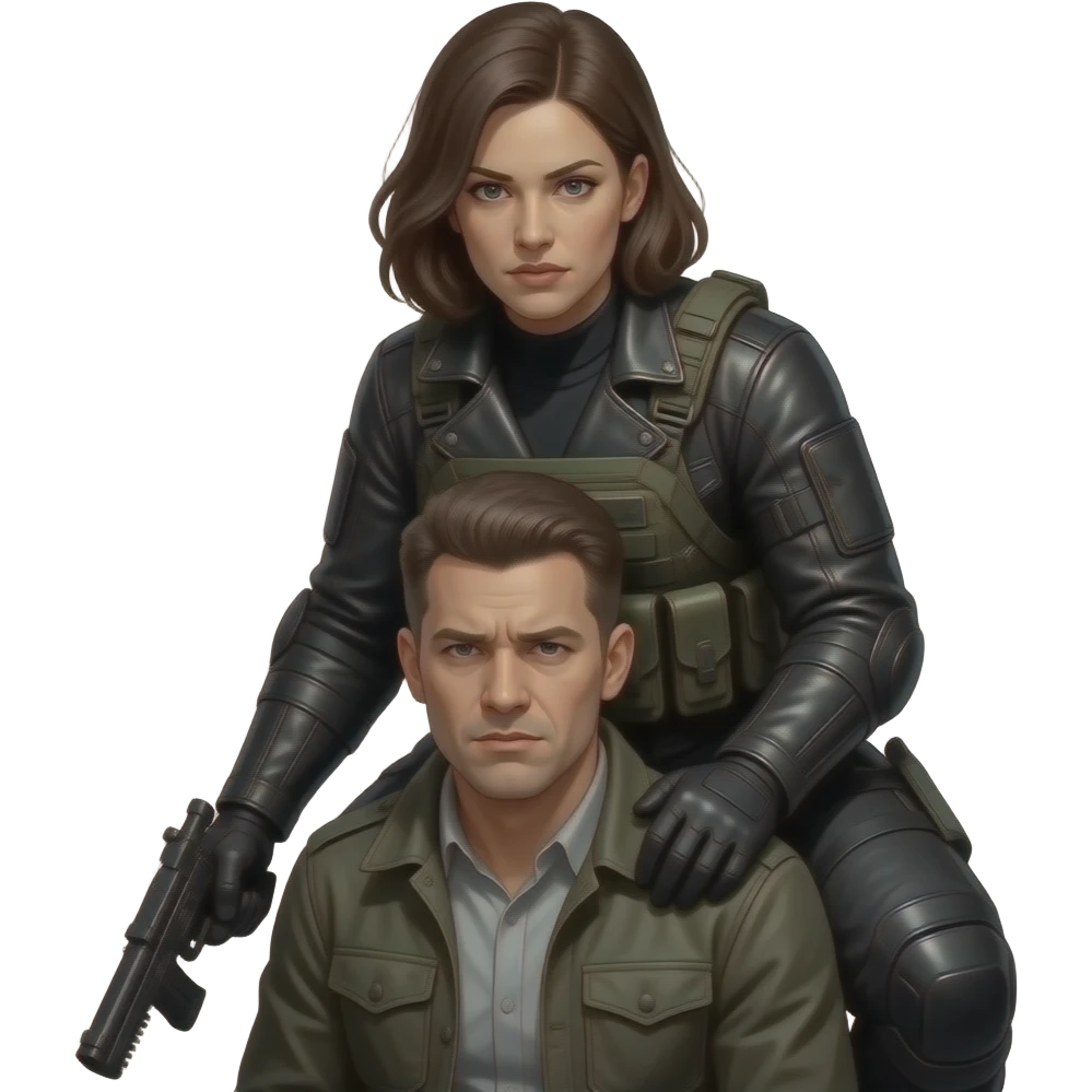 A commanding woman in heavy, weathered leather and tactical gear looms over a submissive man. The lighting is harsh and singular, casting long, oppressive shadows. Focus on the contrast between her cold, unwavering dominance and his breathless, total surrender. emoji