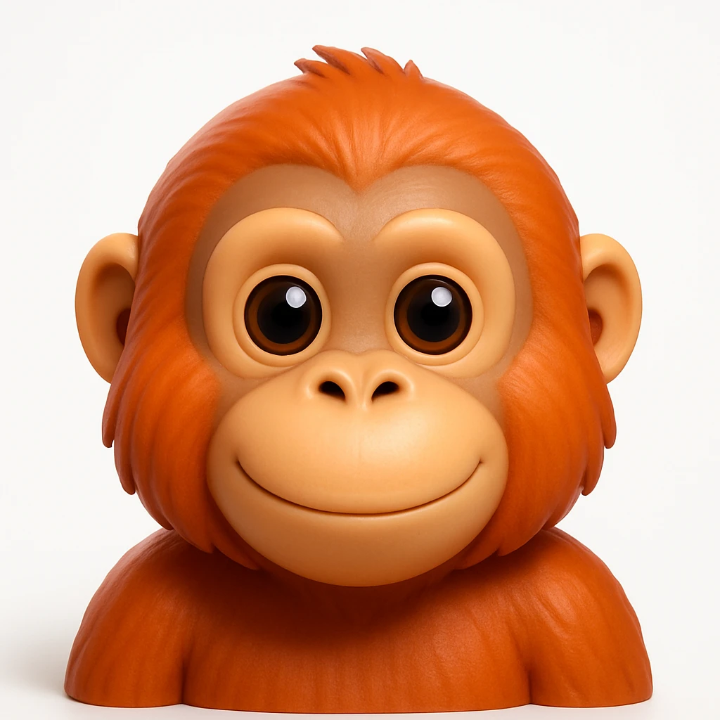 3D rendered emoji-style illustration, glossy plastic-like materials, soft ambient occlusion, rounded forms, high-detail textures, clean white background, Apple emoji aesthetic, subsurface scattering on skin, vibrant saturated colors, cute proportions with large expressive eyes, studio lighting with soft shadows, orangoutang  emoji