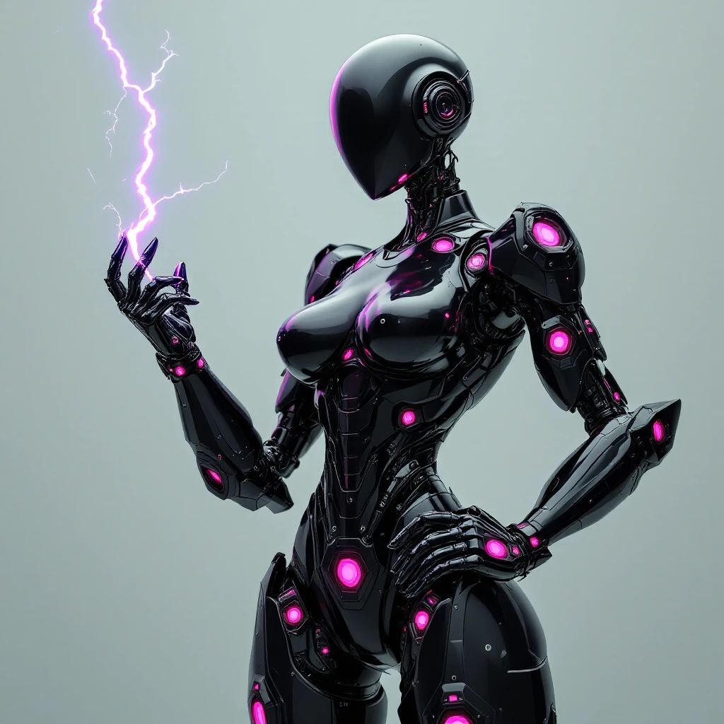 confident slim black female robot, pink hexagonal pattern on arms and legs, small ear pieces, holding a lightning whip emoji