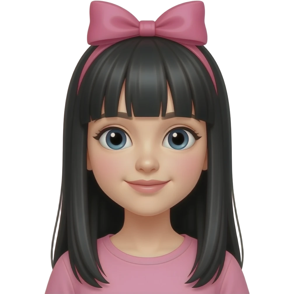 Menina branca de cabelo liso preto longo sem franja com laço rosa emoji