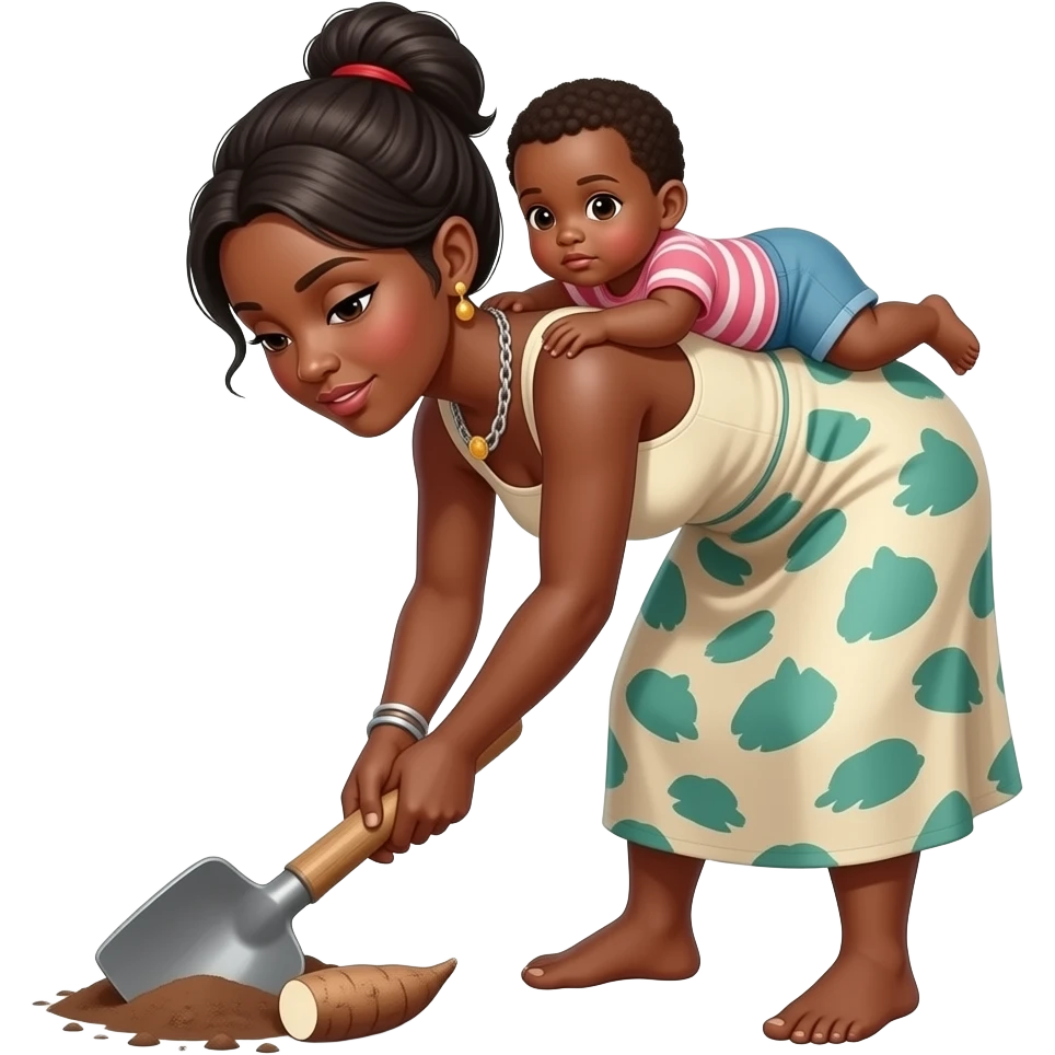 Femme africaine pilant manioc avec bébé sur le dos emoji