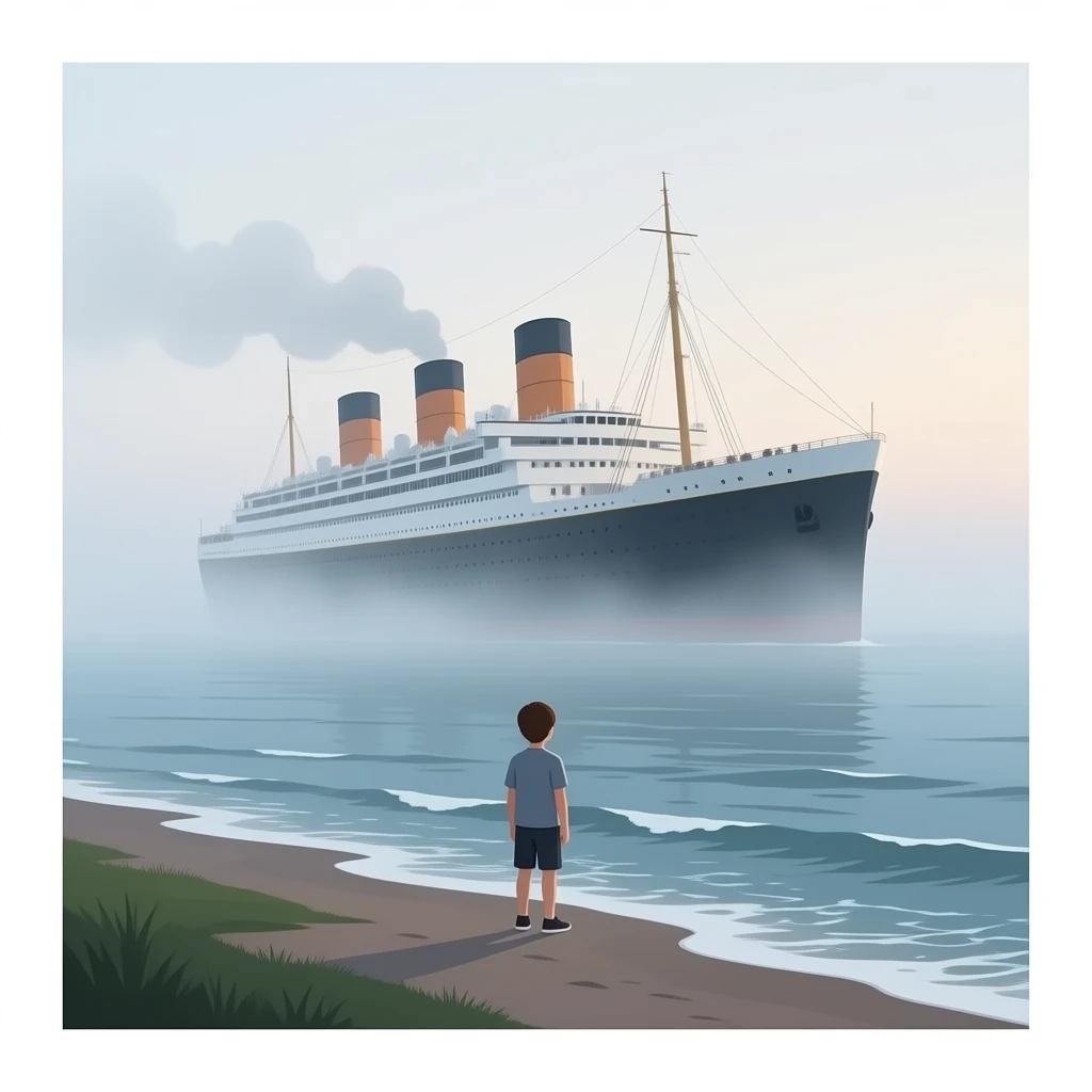 The ghostly ship The Queen Mary floats above the sea while a boy on the shore watches the scene - cut scene emoji